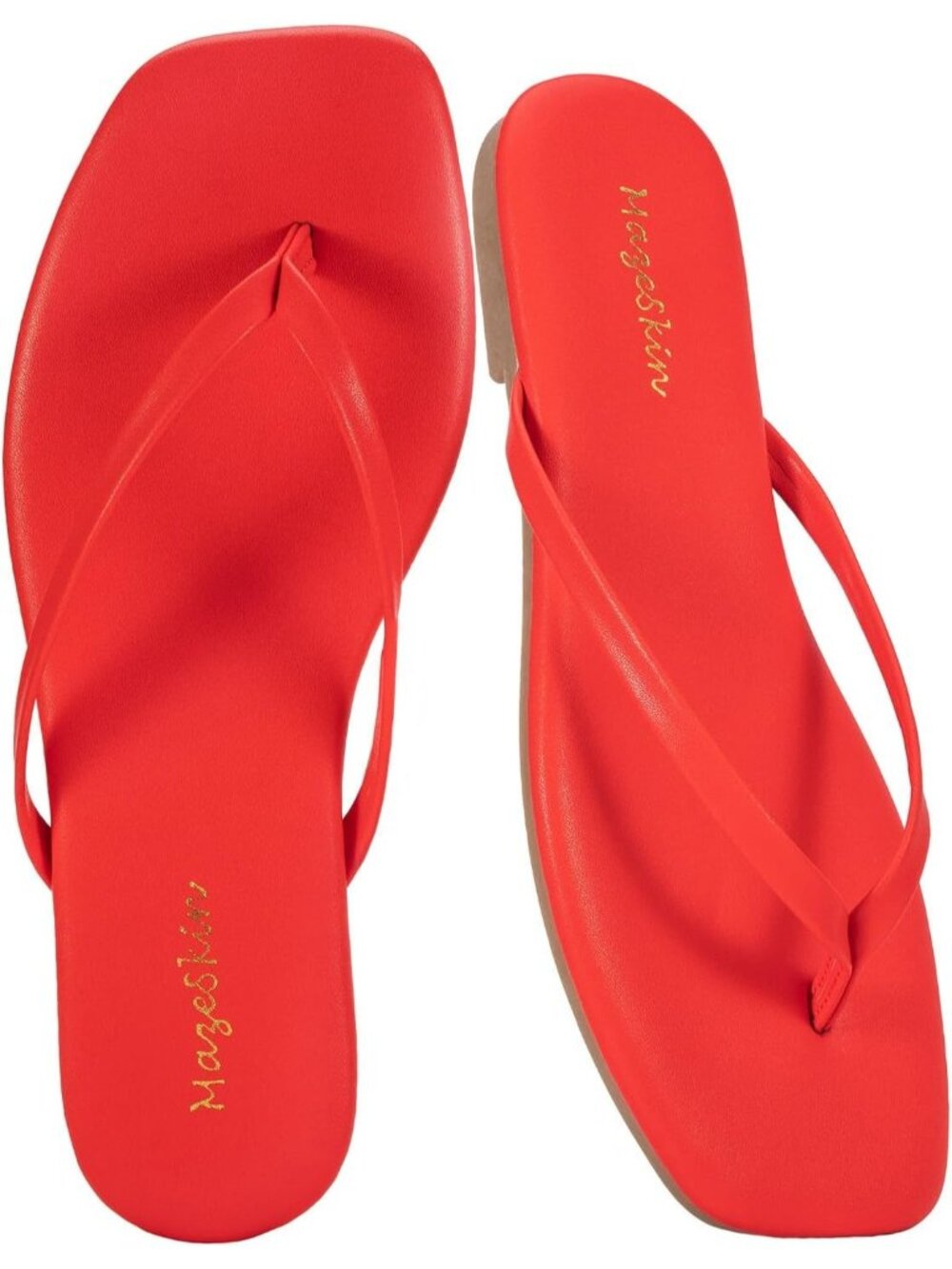 Women's Red Cushioned Square Toe Flat Memory Foam Thong Flip Flops Sandal